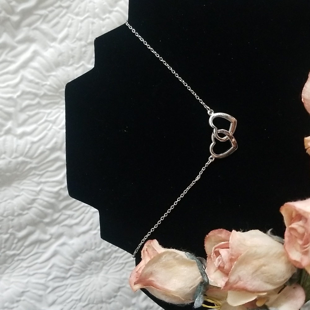 One Vintage Double Heart Infinity 60s Silver Tone 14" Choker Chain Necklace